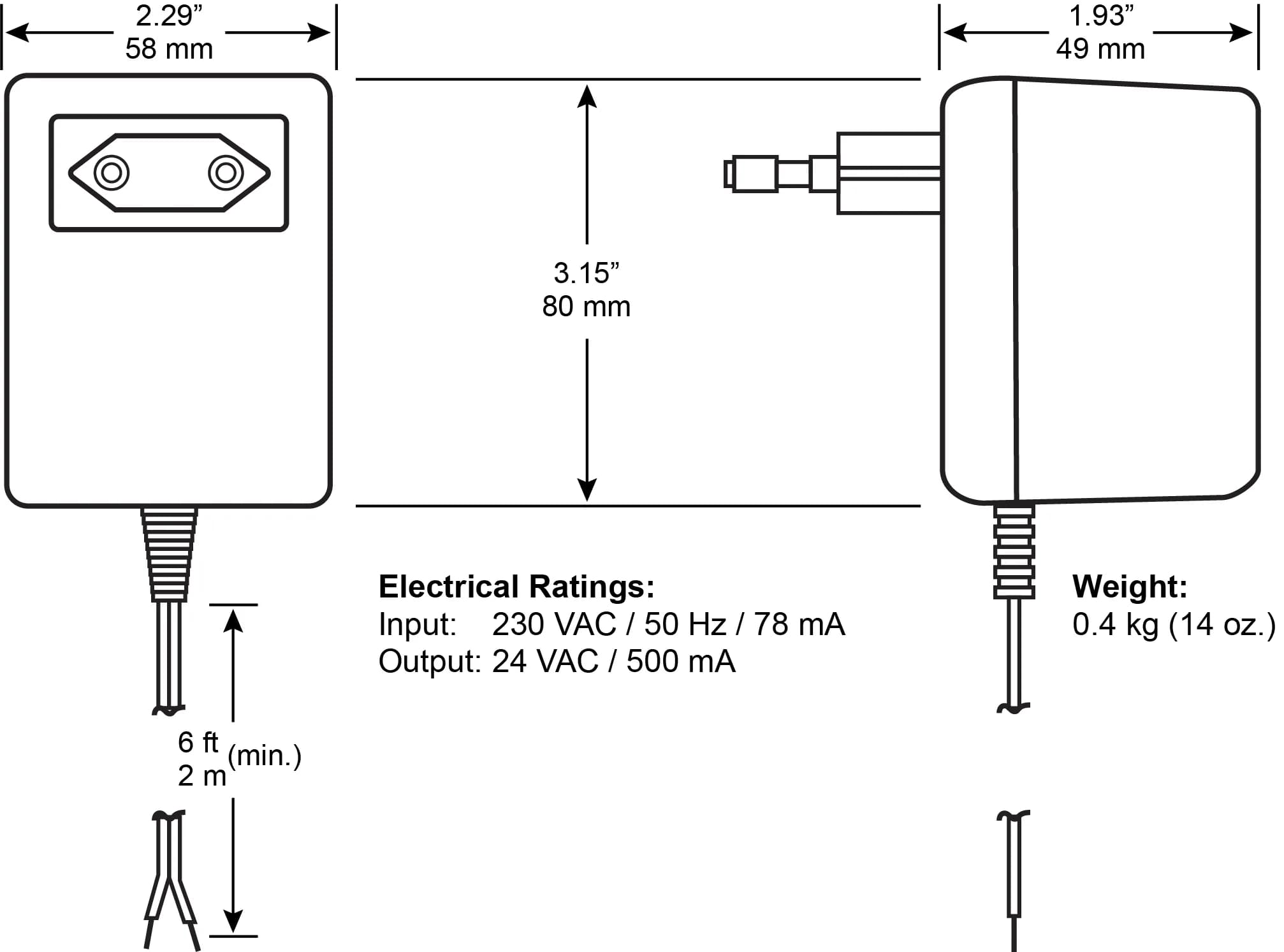 Wall-mount plug-in transformer 230 VAC (nom) input/24 VAC (nom) output