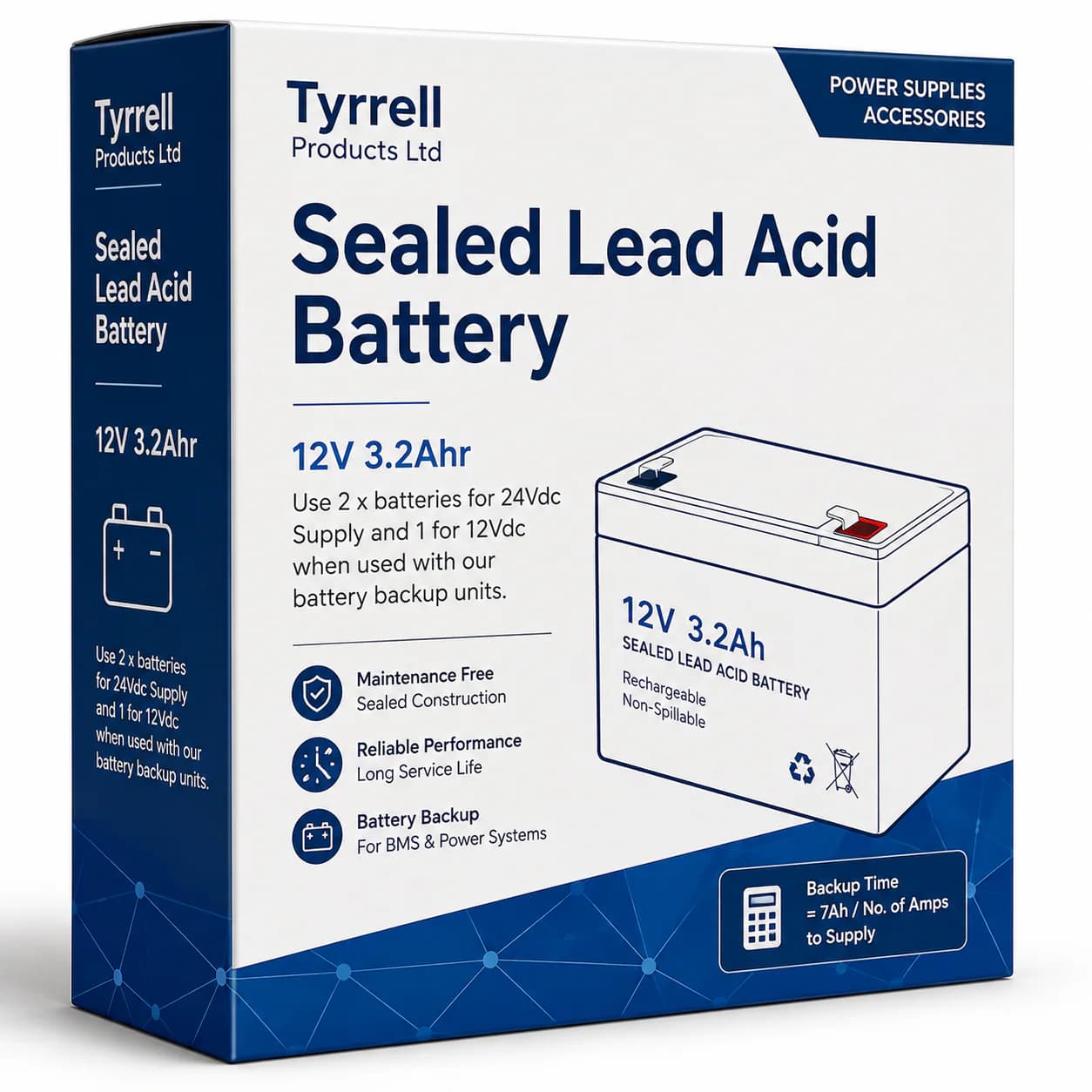 Sealed Lead Acid Battery 12V 3.2Ahr (Use 2 x batteries for 24Vdc Supply and 1 for 12Vdc when used with our battery backup units) (Backup time is 7Ah/No of Amps to Supply)